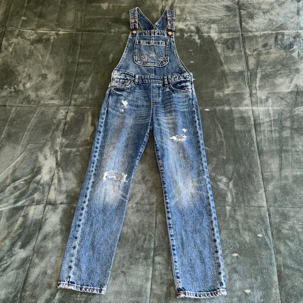 Gap Kids Blue Distressed Denim Overalls Size M 8-9 Ripped Jeans Adjustable Strap